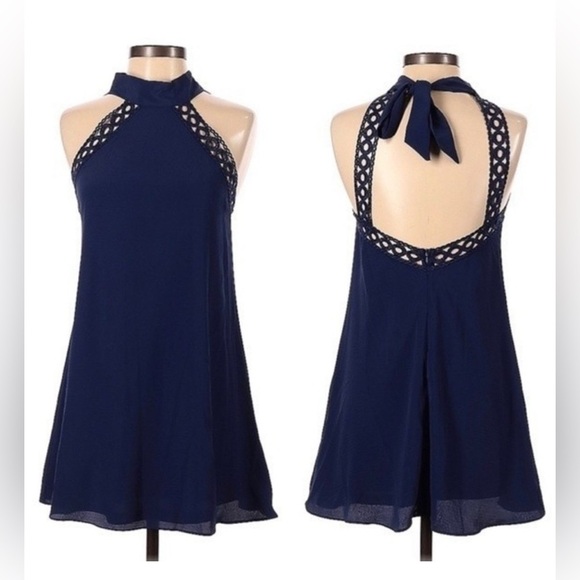 Lulu's Navy Blue Backless Halter Lace Sundress XL - Picture 2 of 15